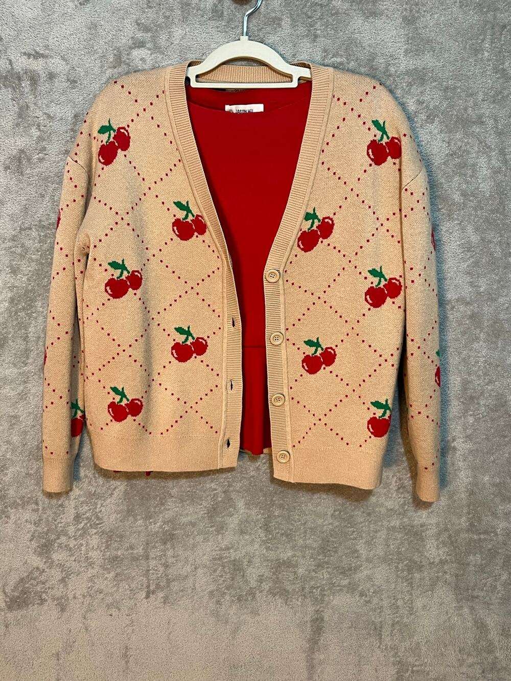 99 Jane Street Cardigan Sweater Small Tan Cherry Grandma Core Twee NWOT